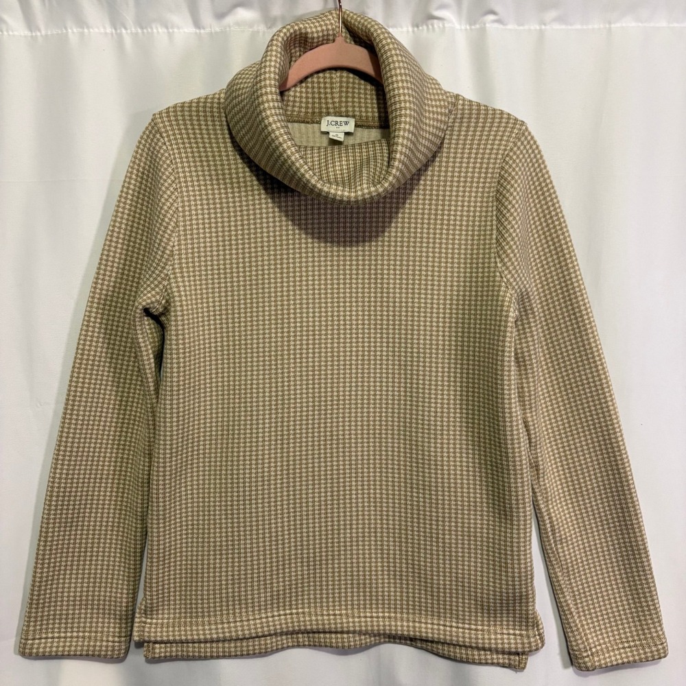 J.Crew Houndstooth Cowl Neck Fleece Sweatshirt Tan White H1549 Women Small